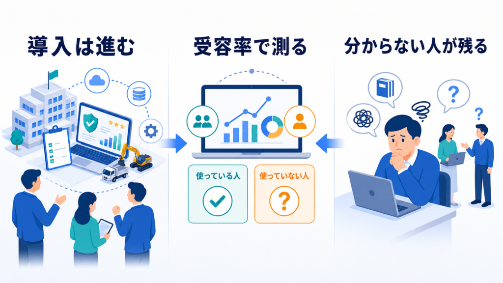 技術導入が進む一方で利用者が取り残され、受容率の評価が必要な状態を示す図解