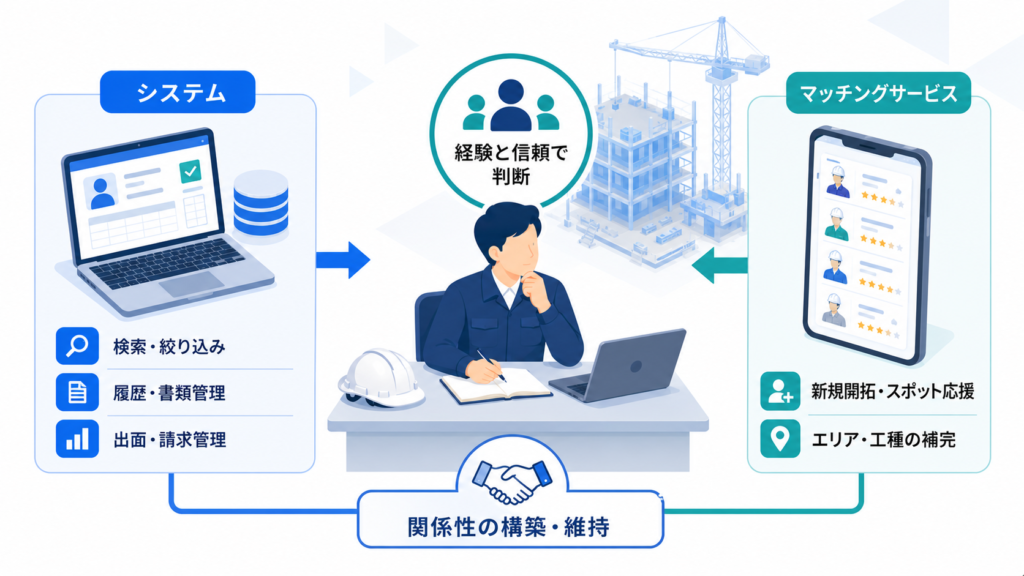 システムと人の役割分担の設計|CCUS・マッチングサービスの位置づけ