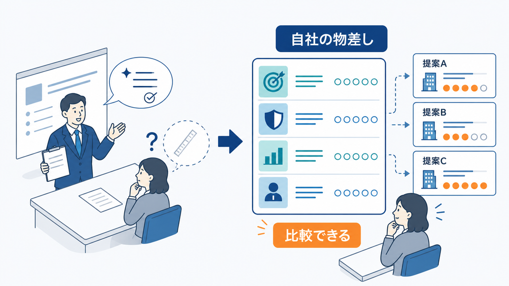 営業担当者の印象ではなく、自社の物差しで複数の提案を比較する図解
