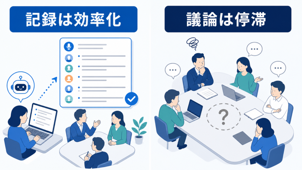 AIで議事録作成は効率化した一方、議論が停滞して会議の中身が薄くなる対比