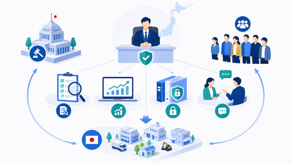 日本国内への示唆:「経営層の説明責任」という視点で扱う人物・業務・情報の関係を、読み取りやすく整理した図解