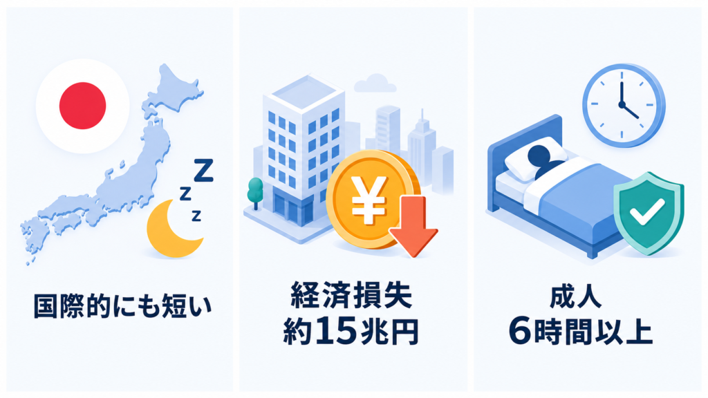 日本の短い睡眠時間、約15兆円の経済損失、成人6時間以上の目安を並べた図解