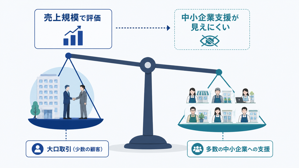 売上規模で評価すると、多数の中小企業を丁寧に支援する実績が見えにくくなる構造