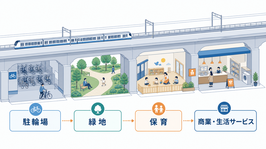 高架下空間が駐輪場、緑地、保育、商業・生活サービスへ活用される広がりを示す図解