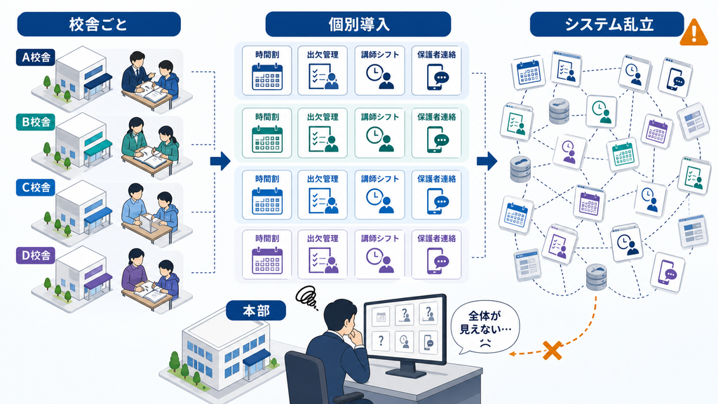 校舎やブランドごとに個別導入が重なり、本部から全体を把握できないシステム乱立の構造