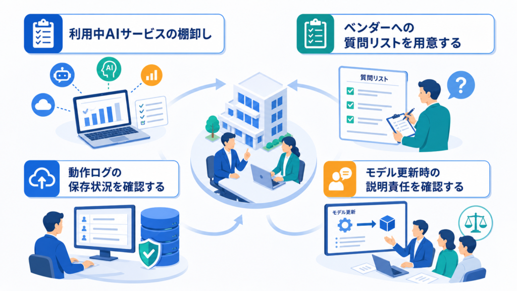利用中AIサービスの棚卸しとベンダーへの質問リストを用意するを中心に、この章で扱う要素の関係を整理した図解