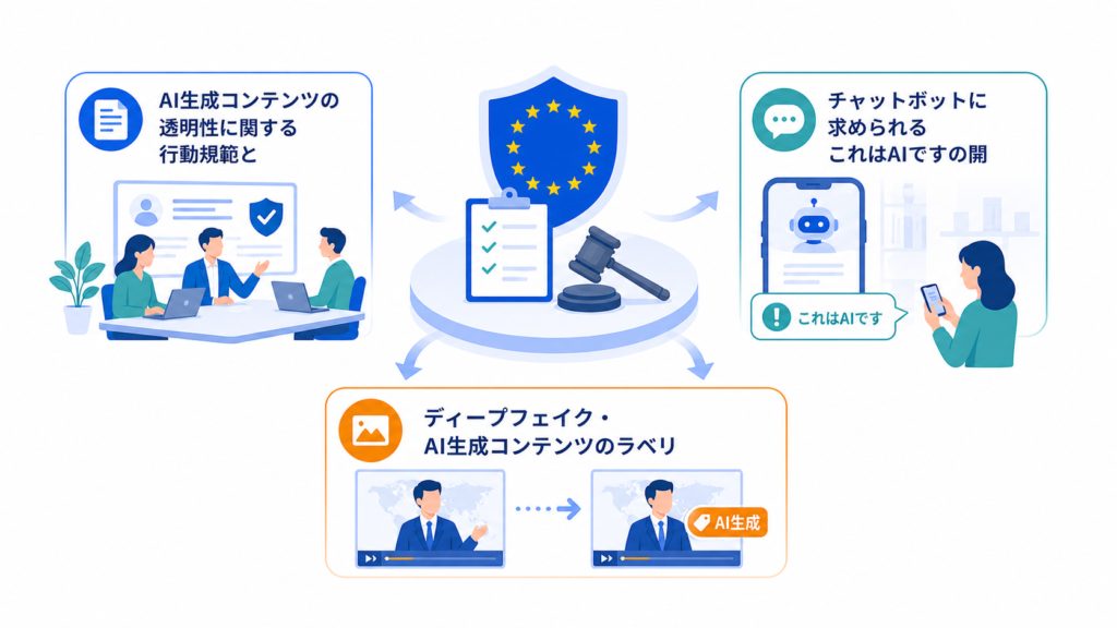 AI生成コンテンツの透明性に関する行動規範とはとチャットボットに求められるこれはAIですの開示を中心に、この章で扱う要素の関係を整理した図解