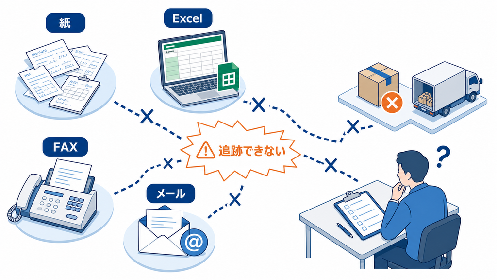 紙、Excel、FAX、メールに記録が分散し、出荷ミスの発生工程を追跡できない構造
