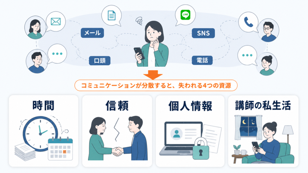 連絡手段の分散によって失われる時間、信頼、個人情報、講師の私生活を示す図解