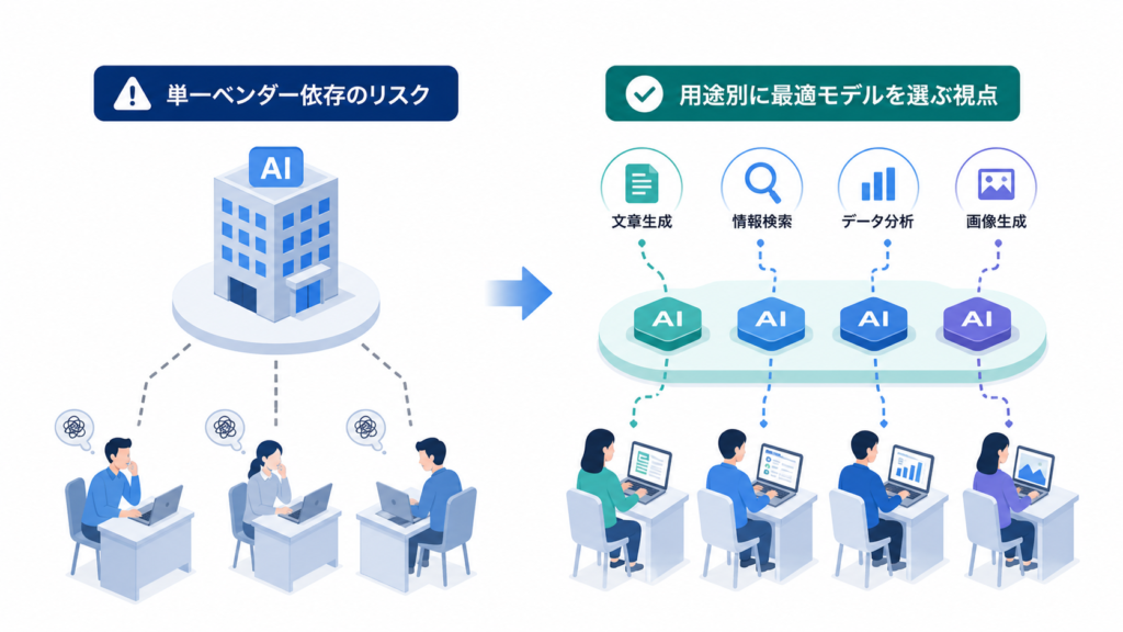 単一ベンダー依存のリスク、用途別に最適モデルを選ぶ視点という章の要点を、人物・業務・情報の関係で整理した図解