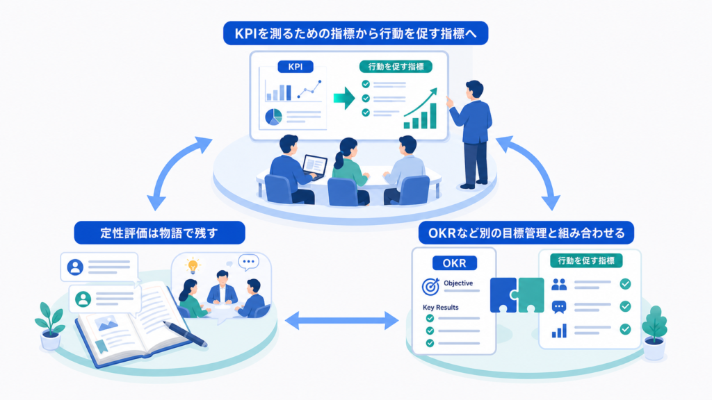 KPIを測るための指標から行動を促す指標へと定性評価は物語で残すを中心に、この章で扱う要素の関係を整理した図解