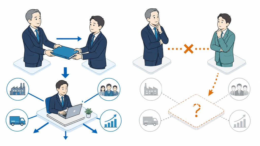 経営者の判断を実行する右腕と、次の経営を担う後継者育成が別の課題であることを示す図解