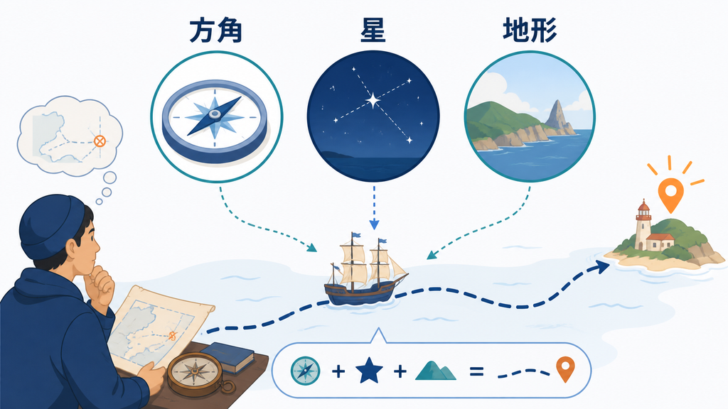 方角、星、海岸の地形を経験と記憶で組み合わせ、船が目的地へ向かう航法