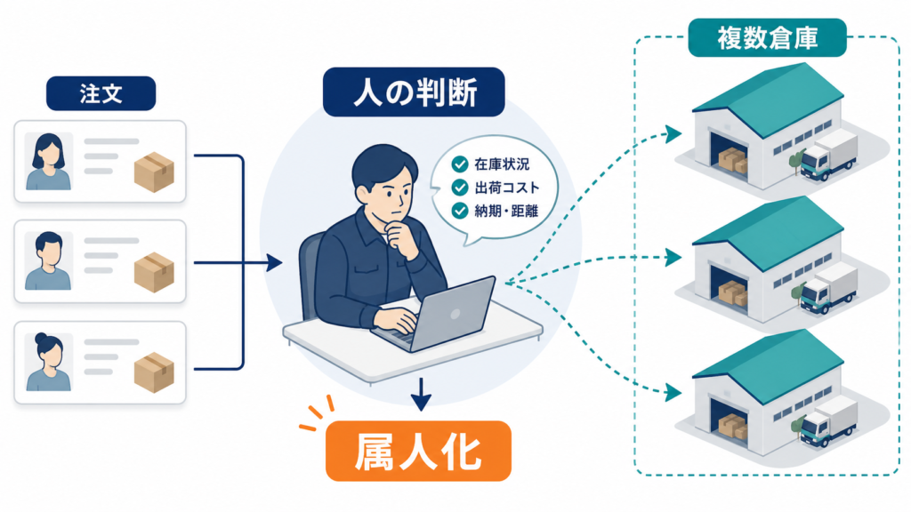 複数倉庫への出荷先を一人の経験者が判断し、業務が属人化している構造