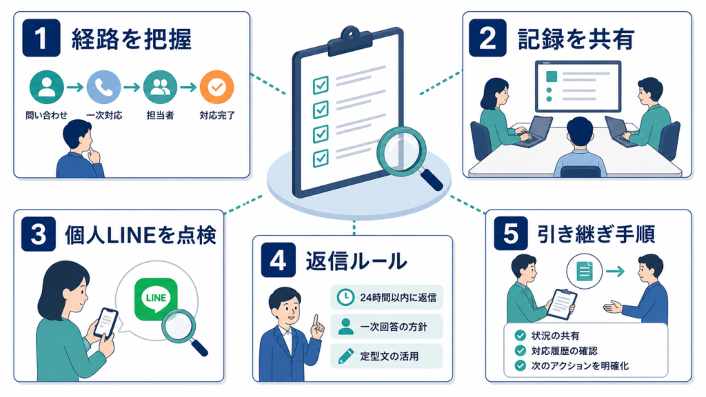 連絡経路、記録共有、個人LINE、返信ルール、引き継ぎを確認する五項目