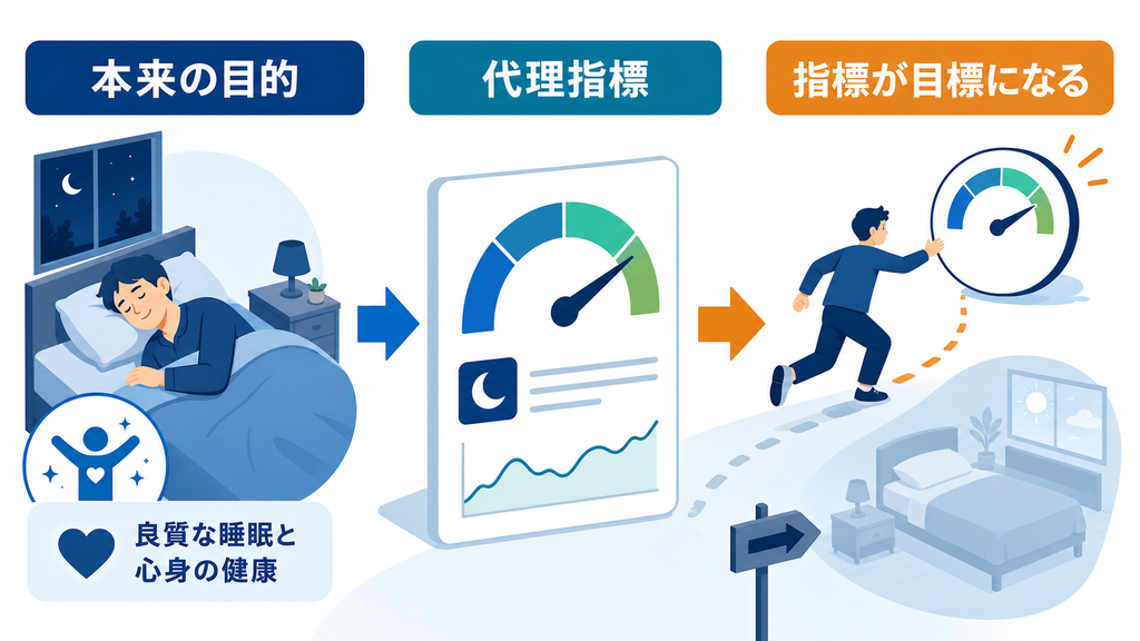 本来の目的を測る代理指標が目標そのものになり、行動が目的から離れていく構造