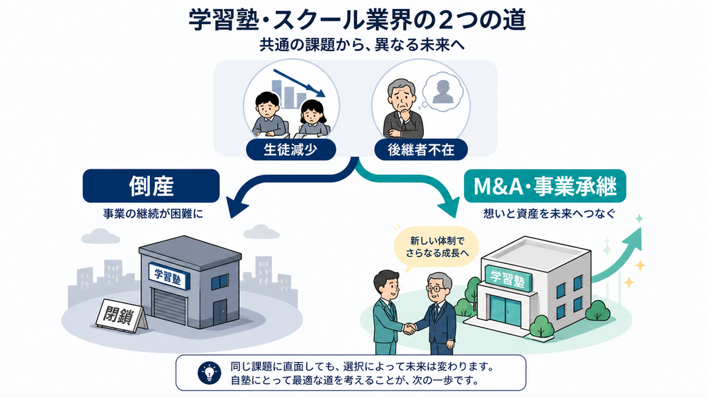 生徒減少と後継者不在を共通課題に、倒産とM&A・事業承継へ分かれる二つの道
