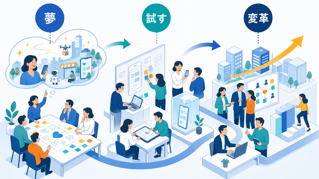 経営陣が未来の顧客体験を描き、試行を通じて夢を変革へつなげる様子