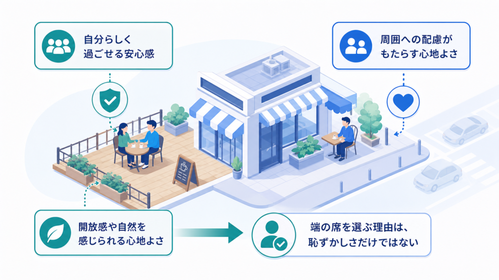 端の席を選ぶ理由は、恥ずかしさだけではないを中心に、この章で扱う状況と意味を分かりやすく整理した図解
