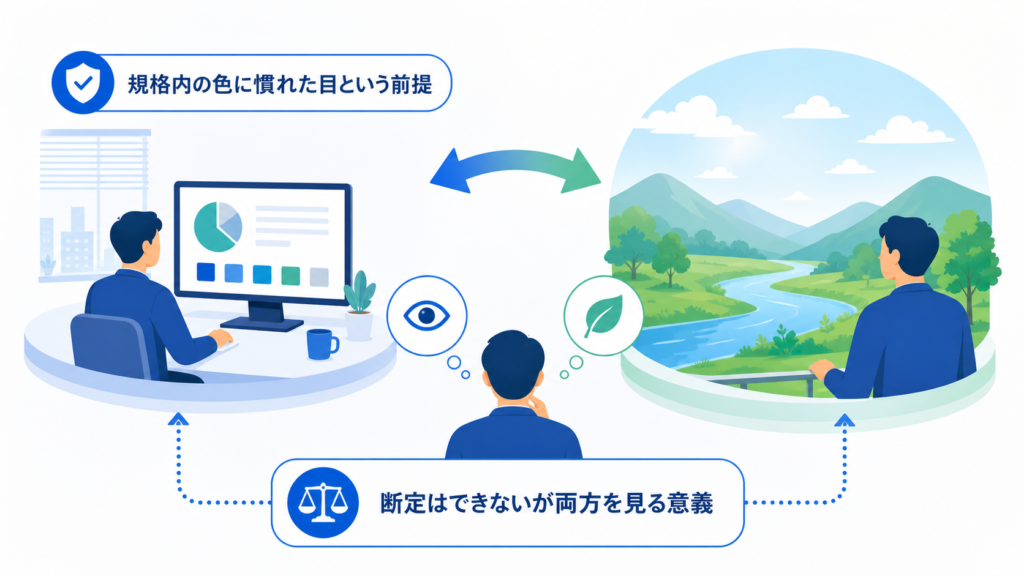 規格内の色に慣れた目という前提と断定はできないが両方を見る意義を中心に、この章で扱う要素の関係を整理した図解