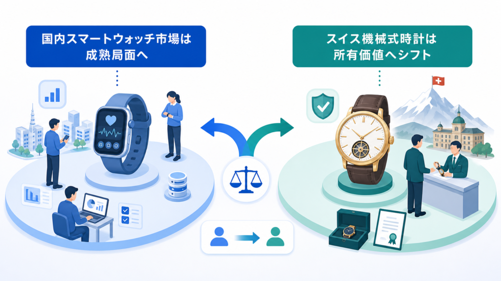 国内スマートウォッチ市場は成熟局面へとスイス機械式時計は所有価値へシフトを中心に、この章で扱う要素の関係を整理した図解