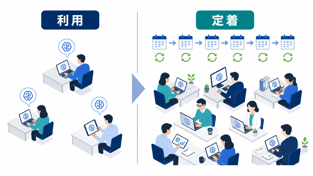 一度AIを利用した状態と、多くの社員が日常業務で使い続ける定着状態の比較