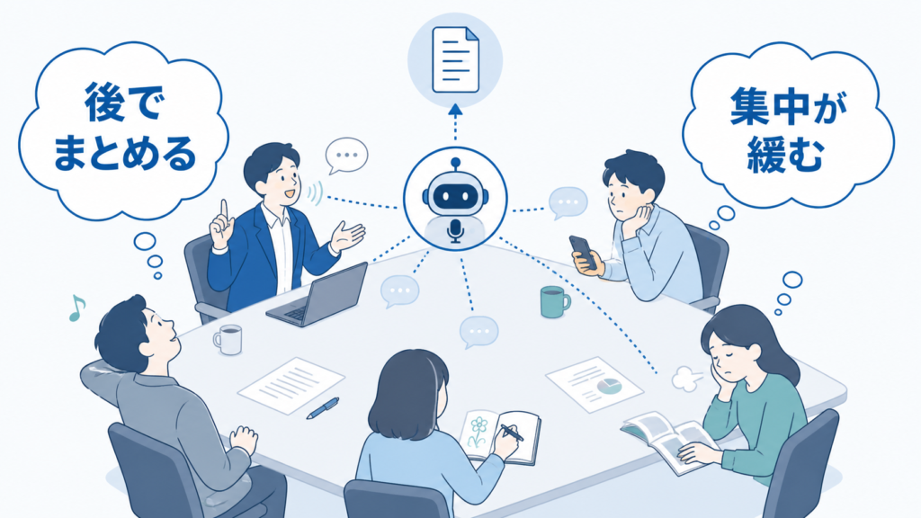 AIが後でまとめるという安心感から、会議参加者の集中が緩んでいる様子