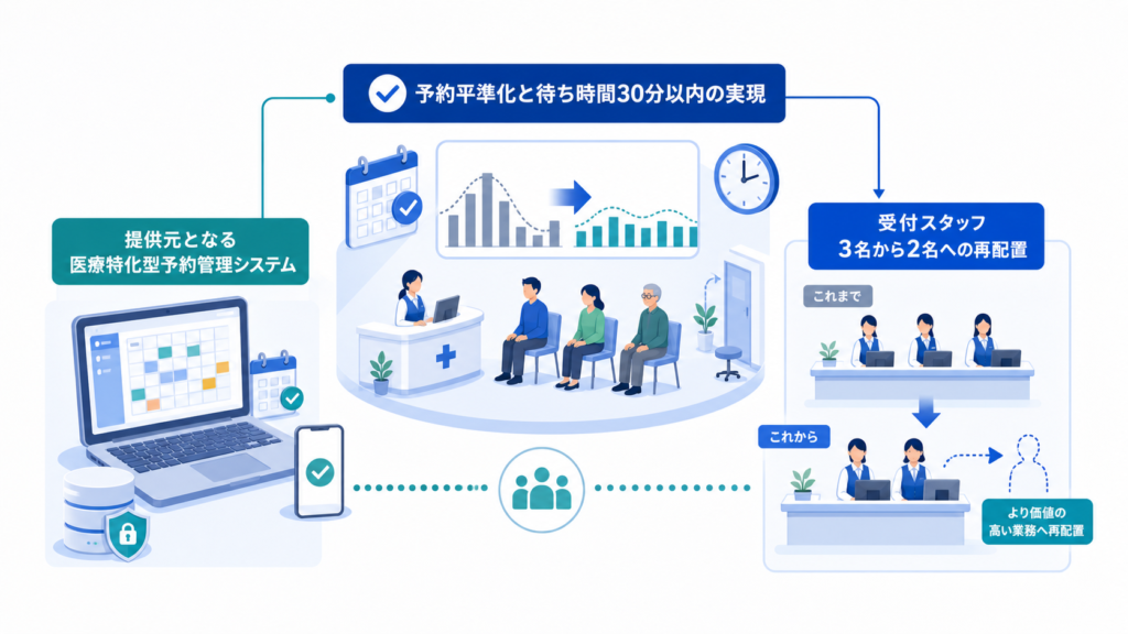 予約平準化と待ち時間30分以内の実現と受付スタッフ3名から2名への再配置を中心に、この章で扱う要素の関係を整理した図解