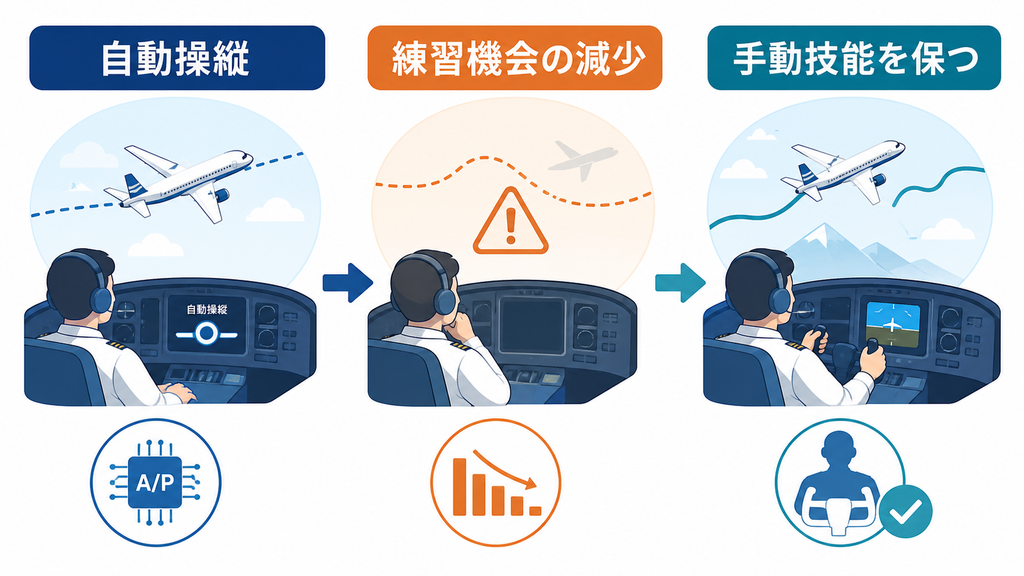 自動操縦で練習機会が減る一方、訓練によって手動操縦技能を保つ流れ