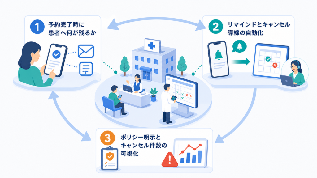予約完了時に患者へ何が残るかとリマインドとキャンセル導線の自動化を中心に、この章で扱う要素の関係を整理した図解