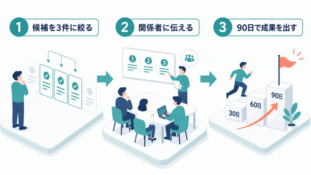 候補を三件に絞り、関係者へ伝え、90日で成果を目指す三段階の行動