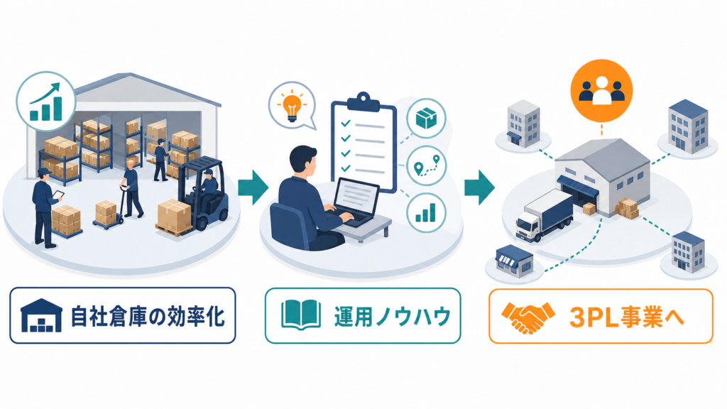 自社倉庫の効率化で得た運用ノウハウを、3PL事業へ展開する流れ