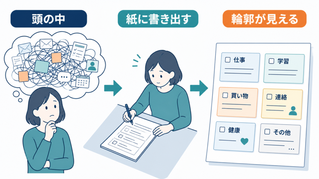 頭の中で絡まった用事を紙へ書き出し、取り組む対象の輪郭を見えるようにする流れ
