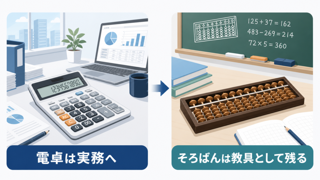 電卓が実務の計算を担う一方、そろばんが数の仕組みを学ぶ教具として残る関係
