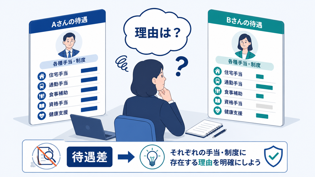 社員ごとに異なる手当や制度について、人事担当者が待遇差の理由を確認する様子