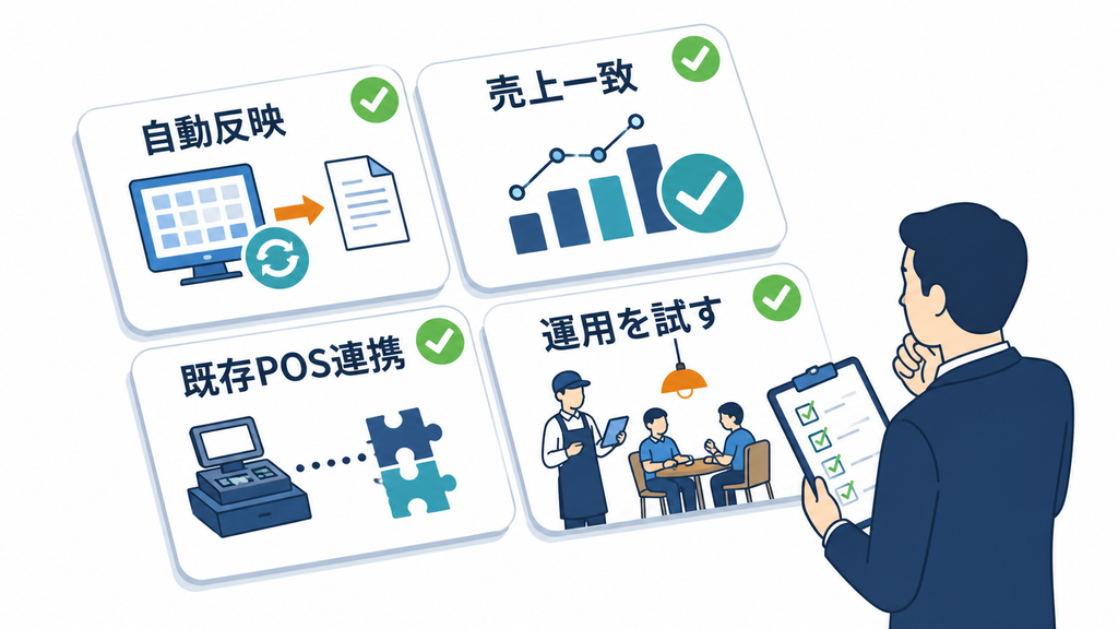 自動反映、売上一致、既存POS連携、運用テストの四項目でツールを選ぶ図解