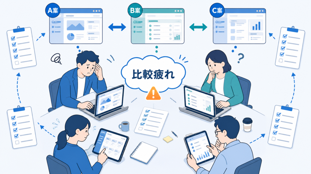 複数のDXツールを並行して試し、比較作業の繰り返しで現場が疲れていく様子