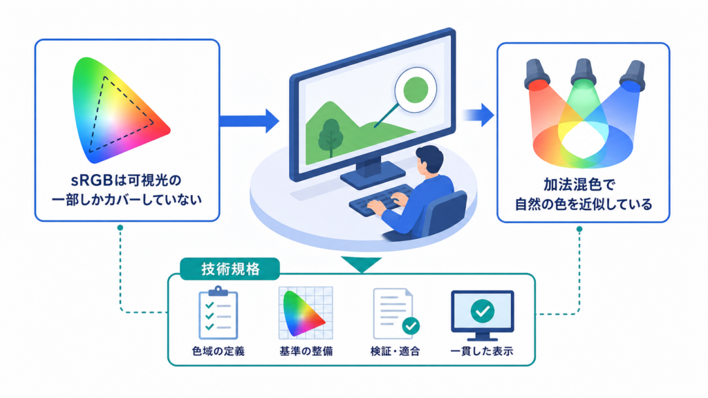 sRGBは可視光の一部しかカバーしていないと加法混色で自然の色を近似しているを中心に、この章で扱う要素の関係を整理した図解
