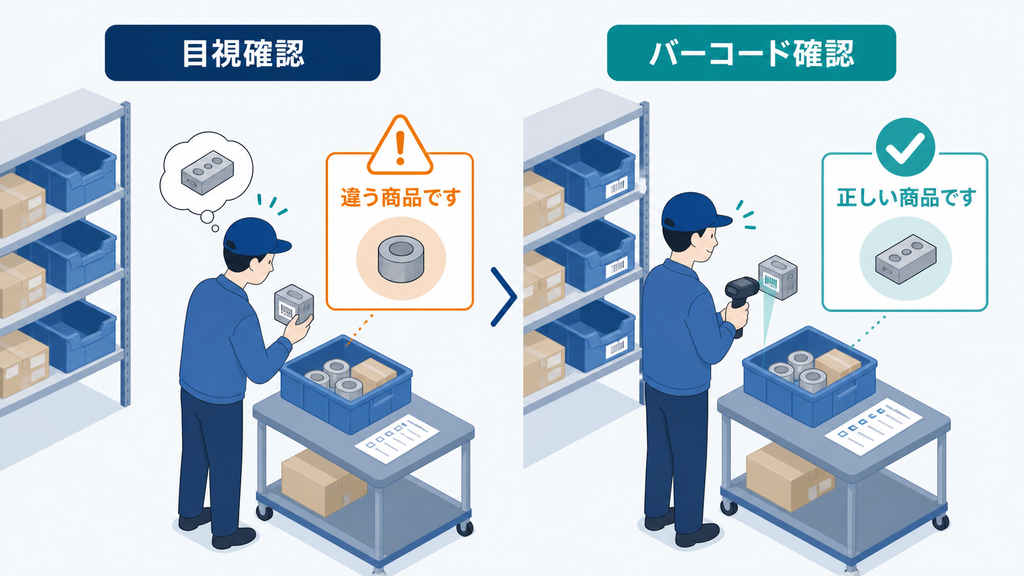 目視に頼るピッキングと、バーコード照合で正しい商品を確認する作業を比較した図解