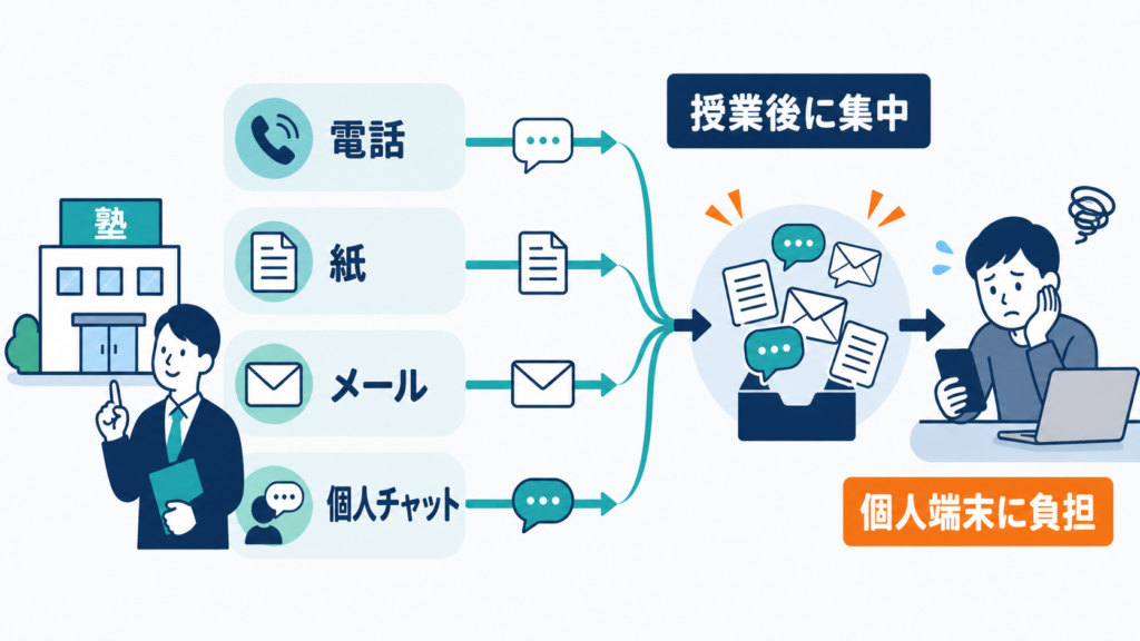 電話、紙、メール、個人チャットが並走し、授業後に講師の端末へ連絡が集中する様子