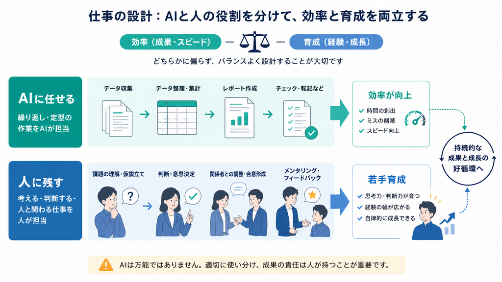 定型作業をAIに任せながら、判断や対人業務を人に残して若手育成と効率を両立する設計