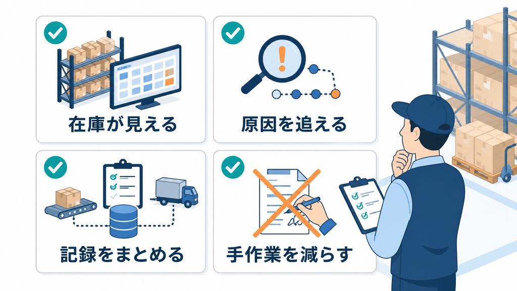 在庫可視化、原因追跡、記録一元化、手作業削減の四項目で倉庫の記録体制を点検する図解