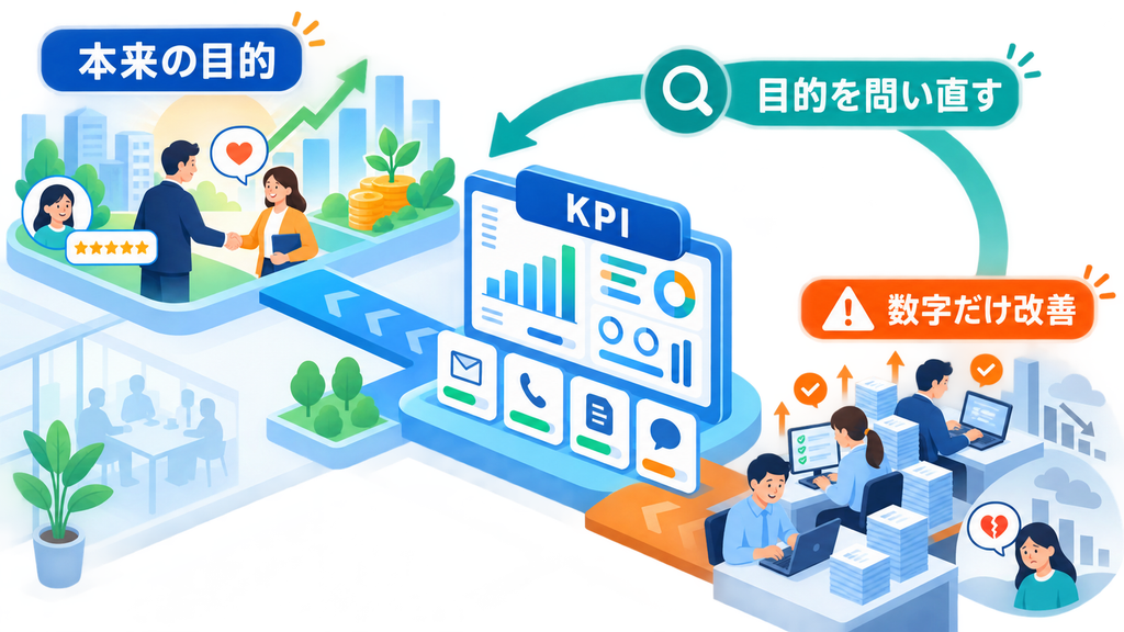 KPIの数字だけが改善して本来の顧客価値が置き去りになる状況を、目的へ戻す流れ