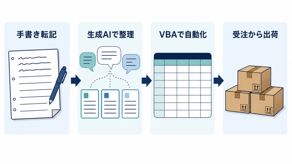 手書き転記を生成AIで整理し、VBAで自動化して受注から出荷へつなぐ流れ