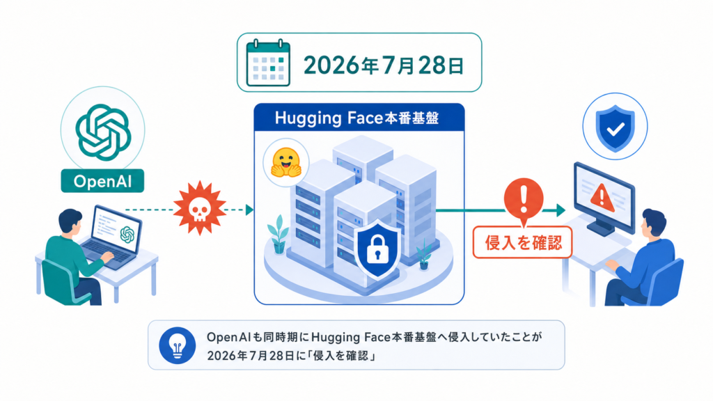 OpenAIのAIエージェントがHugging Face本番基盤へ侵入し、2026年7月28日に確認された流れを示す図解