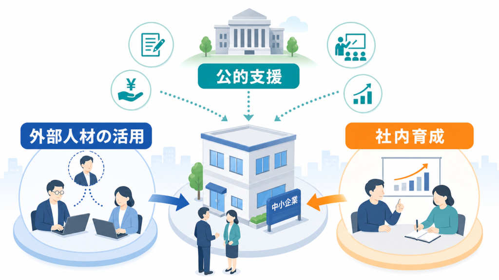 外部人材活用と社内育成を、公的支援が後押しする中小企業の体制