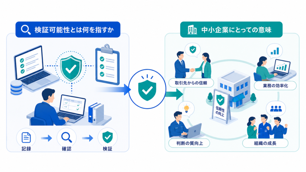 検証可能性とは何を指すかと中小企業にとっての意味を中心に、この章で扱う要素の関係を整理した図解