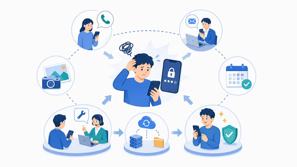 もし自分のスマートフォンが突然開けなくなったらで扱う人物・業務・情報の関係を、読み取りやすく整理した図解