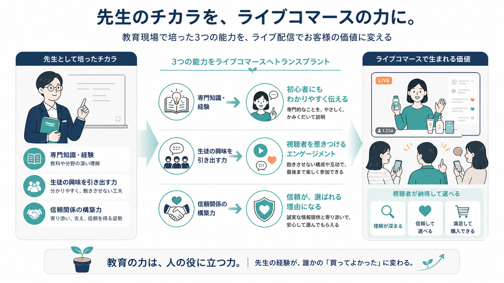 塾講師の専門知識、分かりやすく伝える力、視聴者を引きつける力、信頼関係がライブコマースへ転用される流れ
