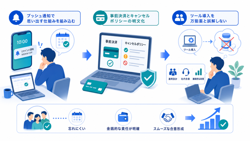 プッシュ通知で思い出す仕組みを組み込むと事前決済とキャンセルポリシーの明文化を中心に、この章で扱う要素の関係を整理した図解